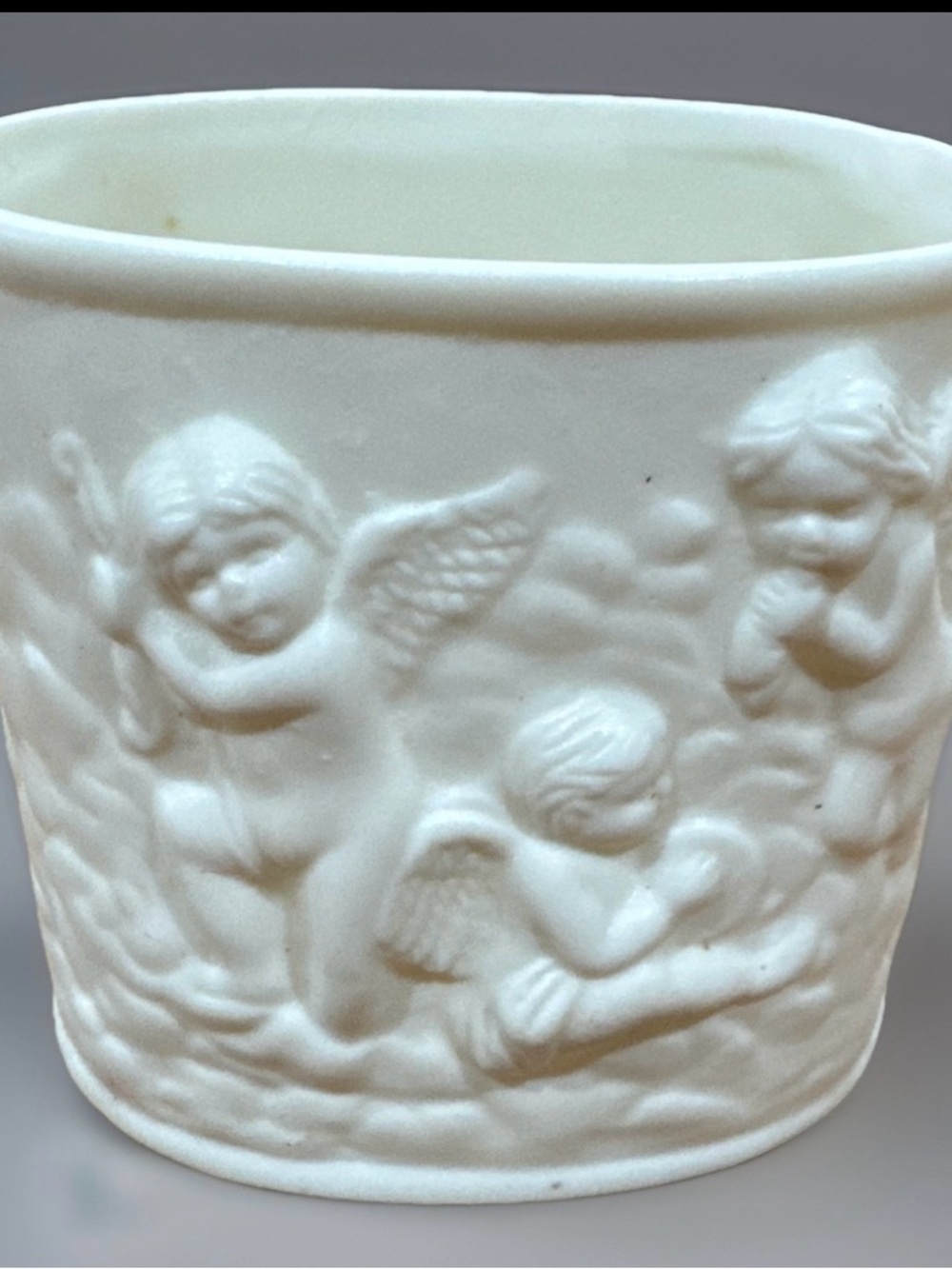 Vintage White Bisque Cherub Planter Vase Cachepot 4” Angel Relief Cottage Decor